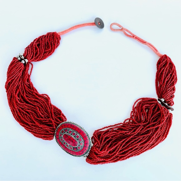 Vintage Hand Made Ethnic Tibetan Beaded Belt Red Seed Bead - Picture 2 of 16